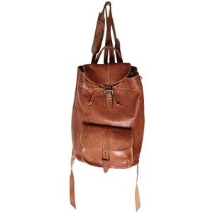 VTG Large Leather Backpack Brown Caramel Made in Greece Boho Rucksack 10x13x3